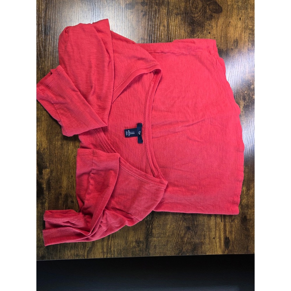 Gap Womens Medium Coral Red Slub Knit V-Neck Long Sleeve T-Shirt Cotton Modal